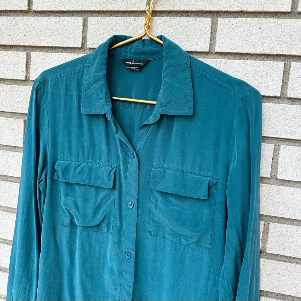 Vintage Moda International 100% Silk Teal Button Down Shirt Blouse Long Sleeve S - Picture 3 of 9